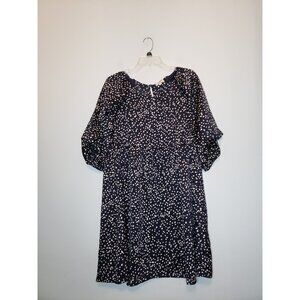 Umgee Womens L Polka Dot Mini Dress Navy Blue Satin Puff Sleeve Empire Waist